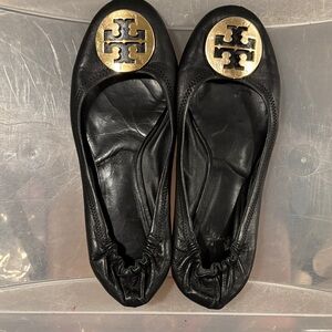 Tory Burch Black Leather Flats with Gold Emblem